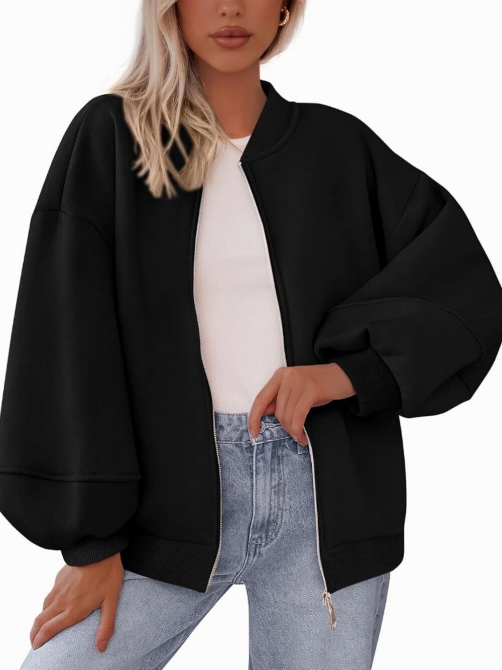 Cozy Oversized Zip-Up Bomber Jacket Sweatshirt for Women - Casual Chic Style